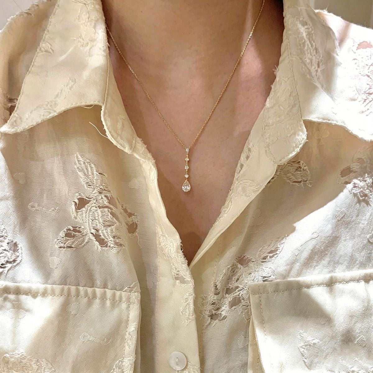 Vertical Pear Teardrop Zircon Drop Gold Necklace, Linear Crystal Pendant Necklace