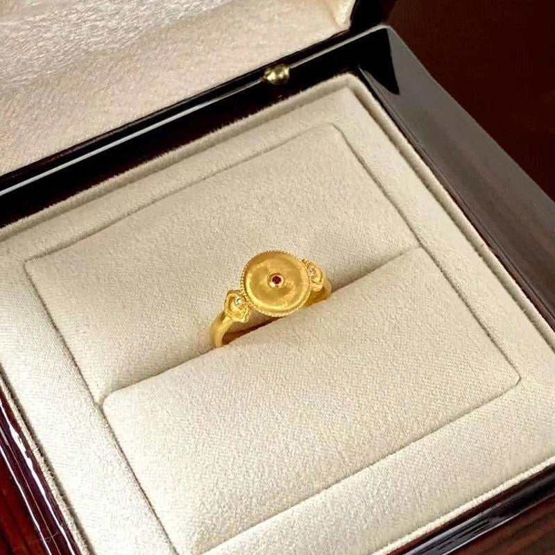 Vintage Floral Round Disk Ring With Ruby & Zircon Accents, 18K Gold Plated Ring