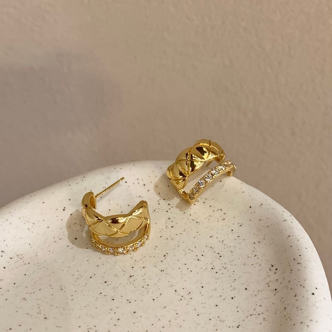 Quilted Texture Zircon Double Hoop Earrings, 18K Gold Plated S925 Silver Stud Earrings