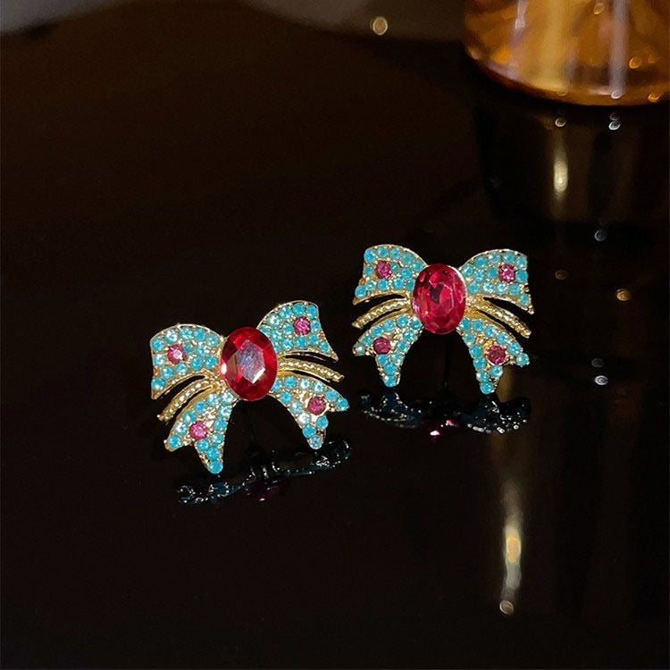 Vintage Bow Turquoise & Fuchsia Zircon Stud Earrings, S925 Silver Posts