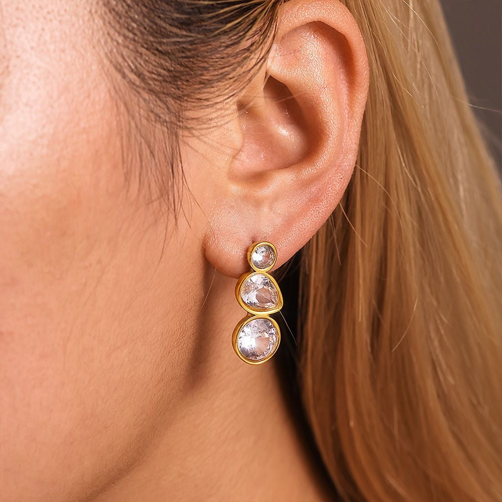 Three-Stone Bezel Set Zircon Drop Stud Earrings, 18K Gold Plated Earrings