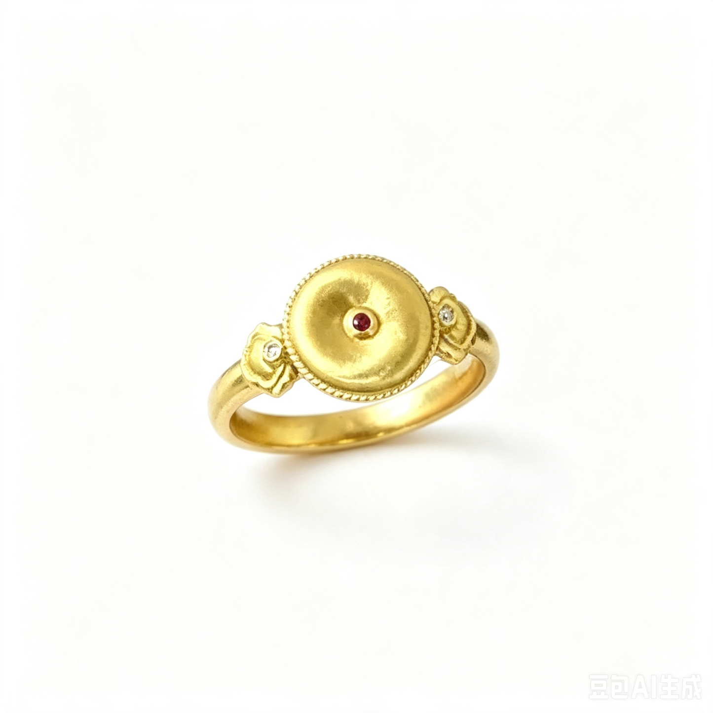Vintage Floral Round Disk Ring With Ruby & Zircon Accents, 18K Gold Plated Ring