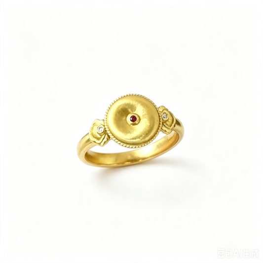 Vintage Floral Round Disk Ring With Ruby & Zircon Accents, 18K Gold Plated Ring