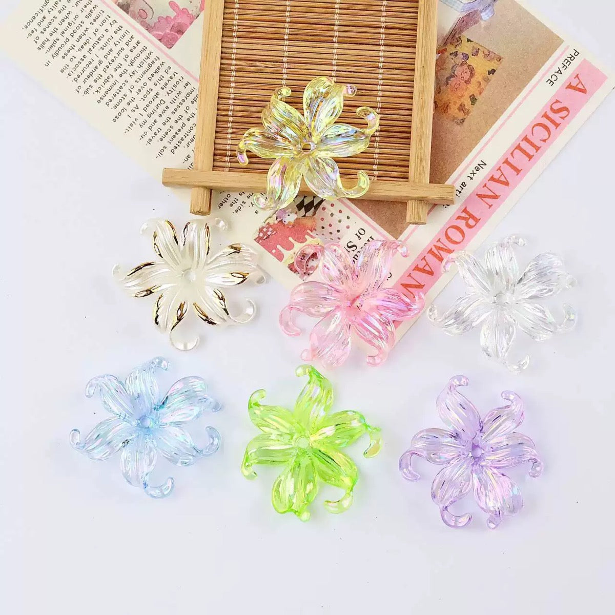 Iridescent & Acrylic Iris Flower Beads - Transparent AB Shimmer Charms for DIY Jewelry Making, Shoe Charms, Hair Accessories, and Handmade Crafts.