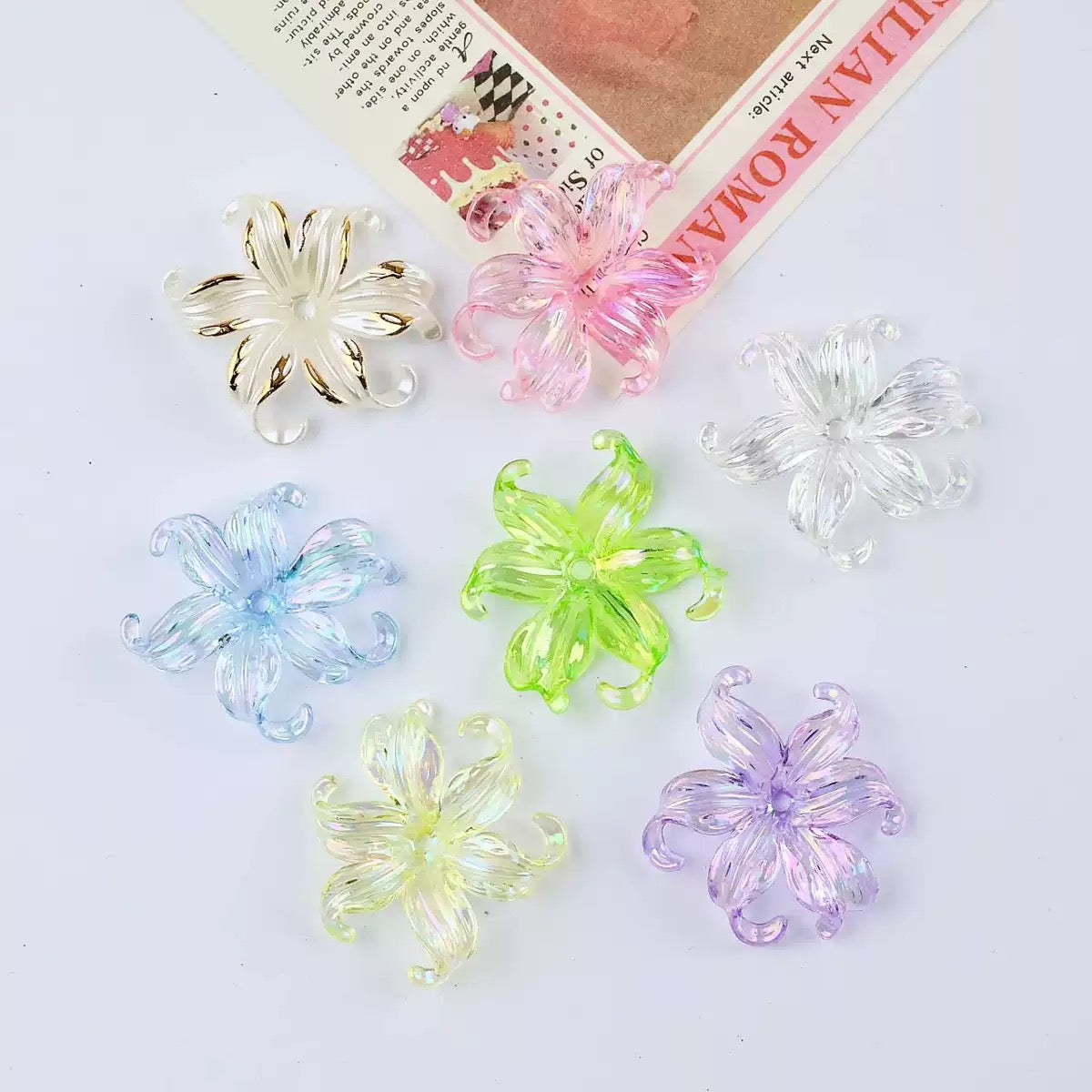 Iridescent & Acrylic Iris Flower Beads - Transparent AB Shimmer Charms for DIY Jewelry Making, Shoe Charms, Hair Accessories, and Handmade Crafts.