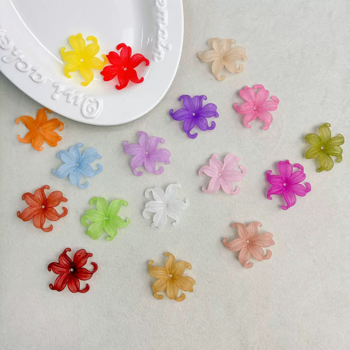 Iridescent & Acrylic Iris Flower Beads - Opaque Matte Charms for DIY Jewelry Making, Shoe Charms, Hair Accessories, and Handmade Crafts.