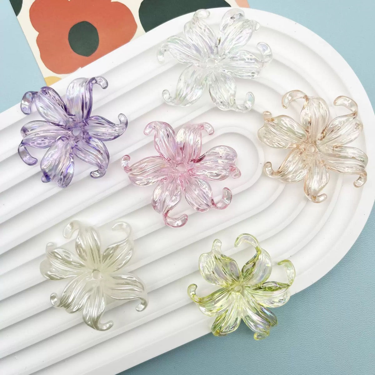 Iridescent & Acrylic Iris Flower Beads - Transparent AB Shimmer Charms for DIY Jewelry Making, Shoe Charms, Hair Accessories, and Handmade Crafts.