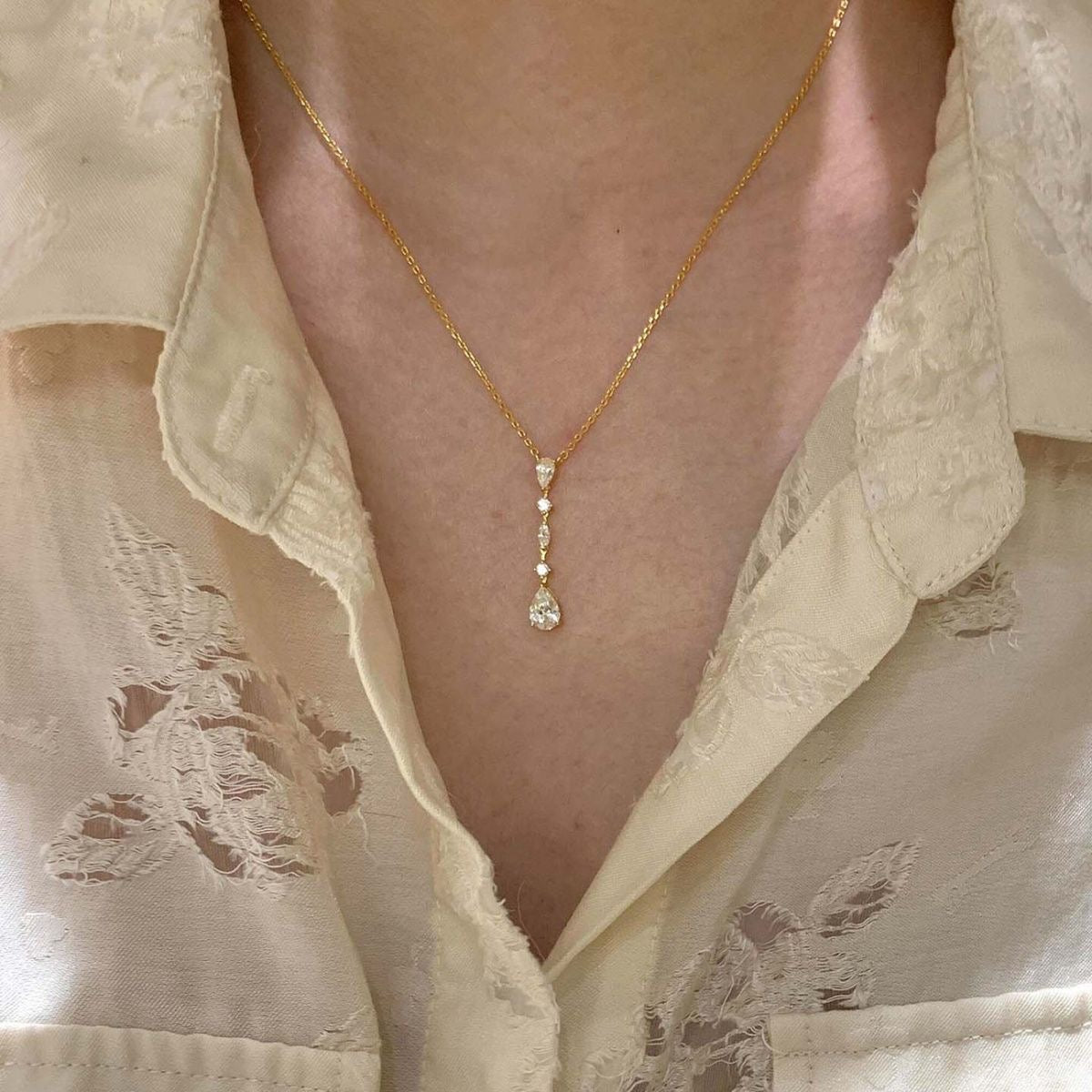 Vertical Pear Teardrop Zircon Drop Gold Necklace, Linear Crystal Pendant Necklace