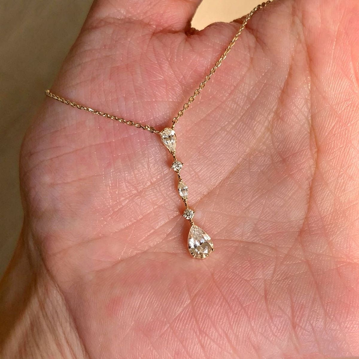 Vertical Pear Teardrop Zircon Drop Gold Necklace, Linear Crystal Pendant Necklace