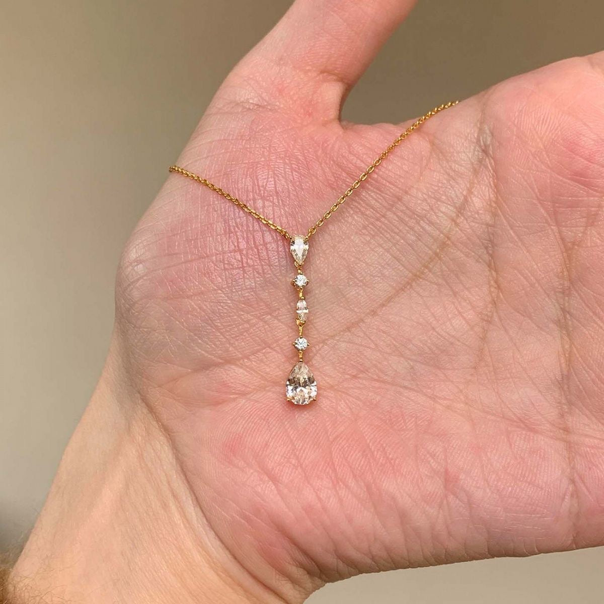 Vertical Pear Teardrop Zircon Drop Gold Necklace, Linear Crystal Pendant Necklace