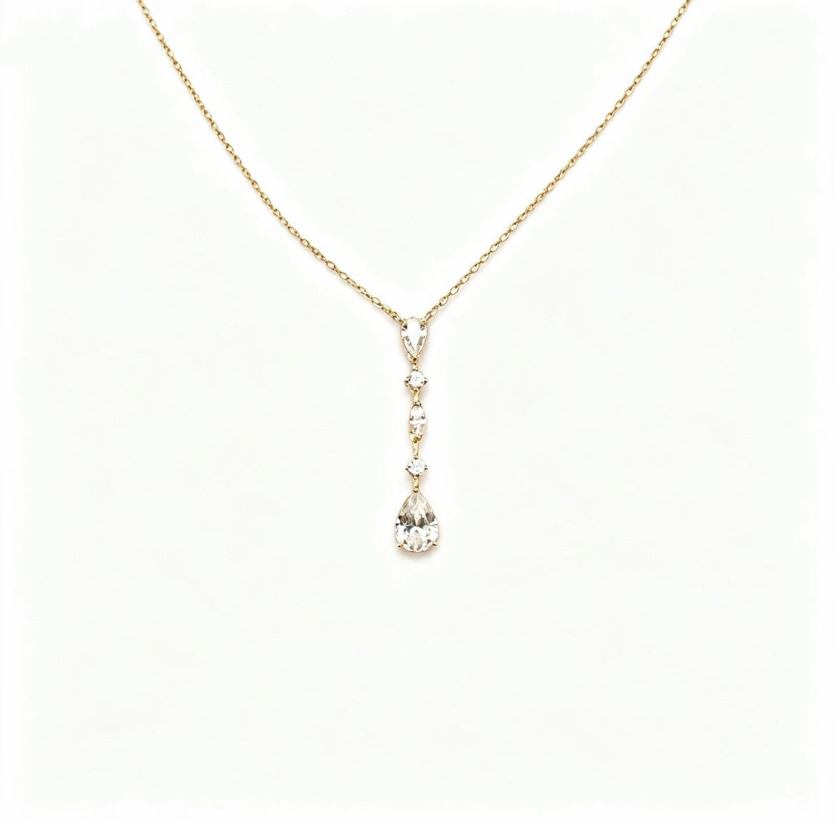 Vertical Pear Teardrop Zircon Drop Gold Necklace, Linear Crystal Pendant Necklace