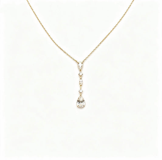 Vertical Pear Teardrop Zircon Drop Gold Necklace, Linear Crystal Pendant Necklace