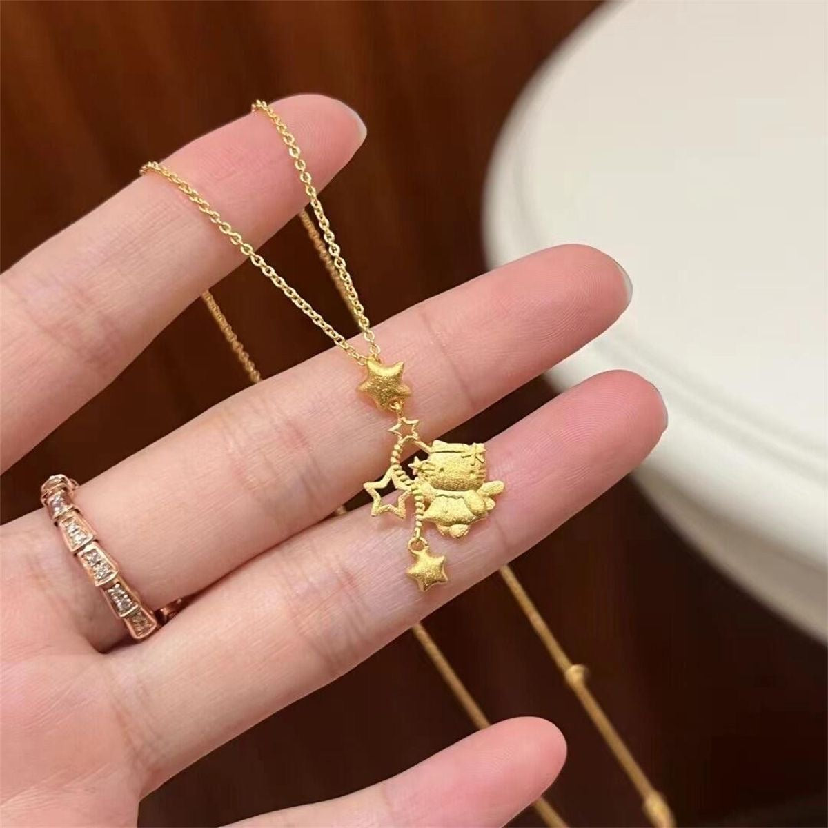 Brushed Kitty Star Charm Gold Plated Necklace, Flying Kitty Pendant Necklace