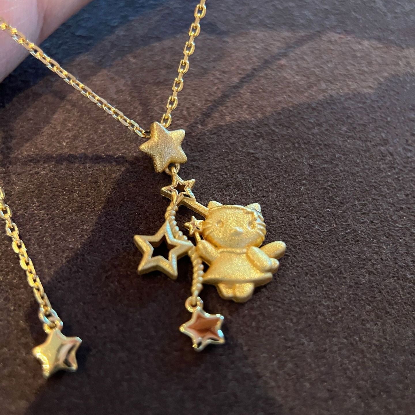 Brushed Kitty Star Charm Gold Plated Necklace, Flying Kitty Pendant Necklace