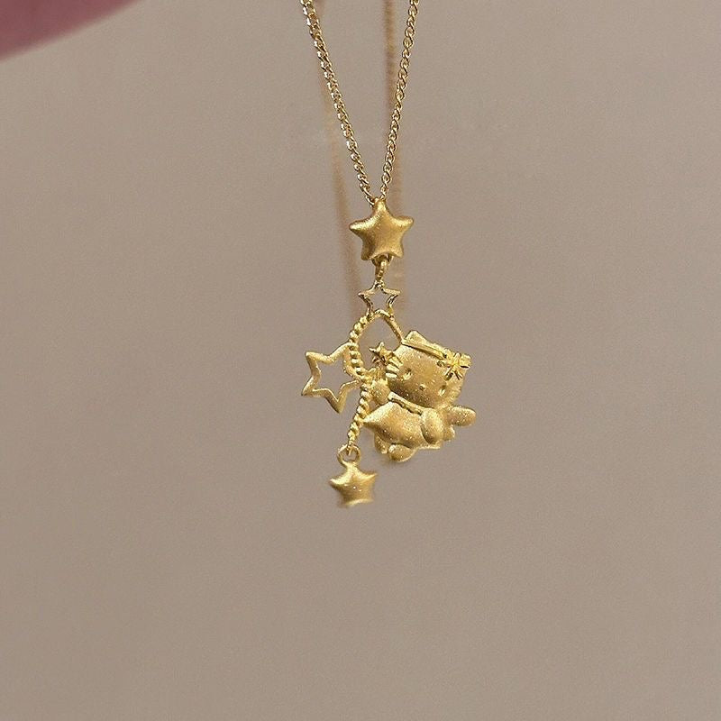 Brushed Kitty Star Charm Gold Plated Necklace, Flying Kitty Pendant Necklace