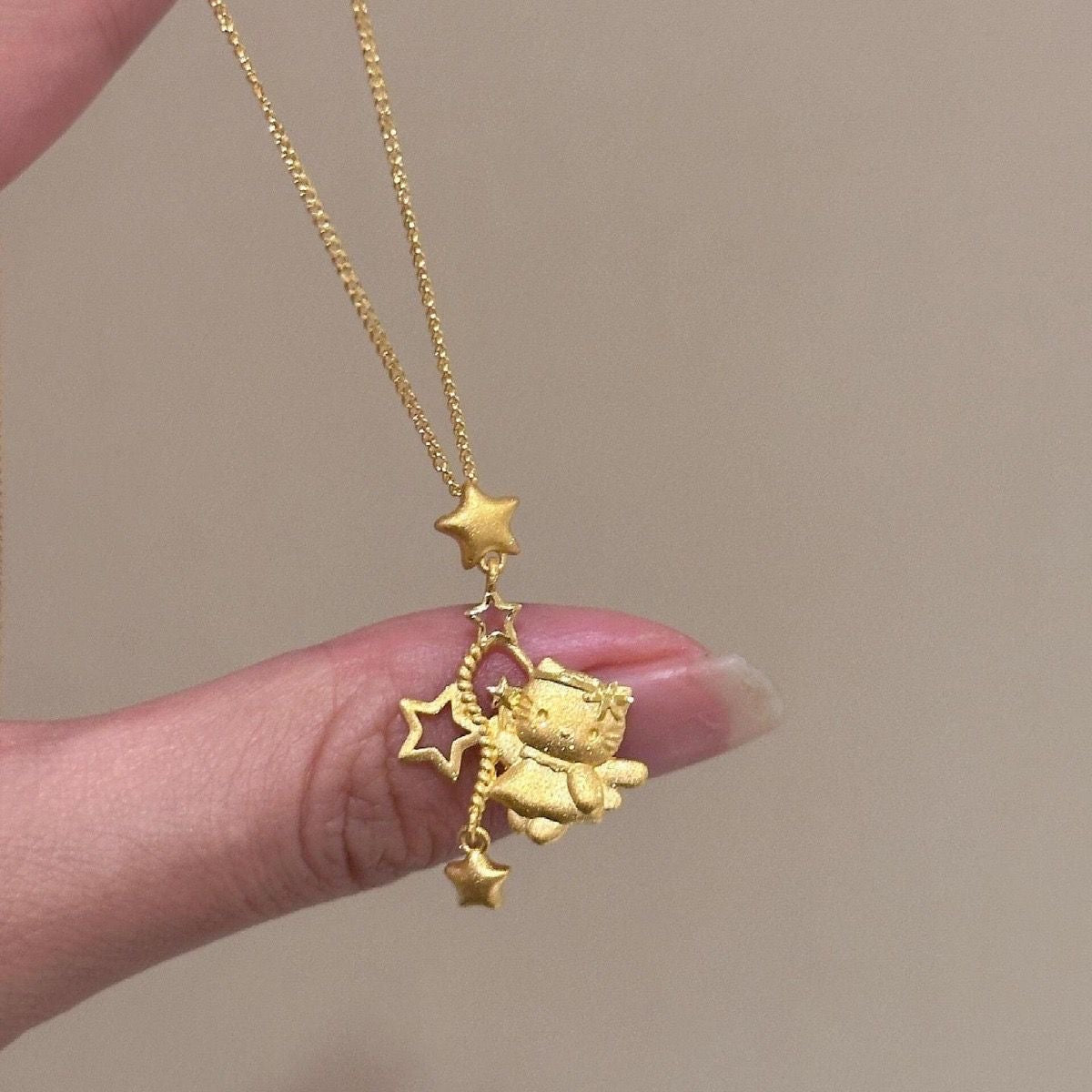 Brushed Kitty Star Charm Gold Plated Necklace, Flying Kitty Pendant Necklace
