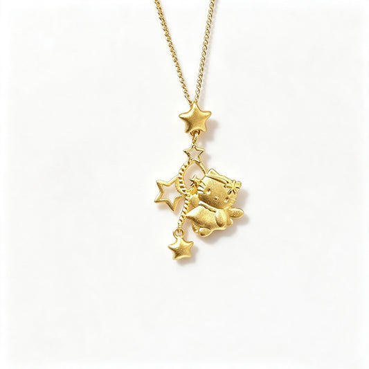 Brushed Kitty Star Charm Gold Plated Necklace, Flying Kitty Pendant Necklace