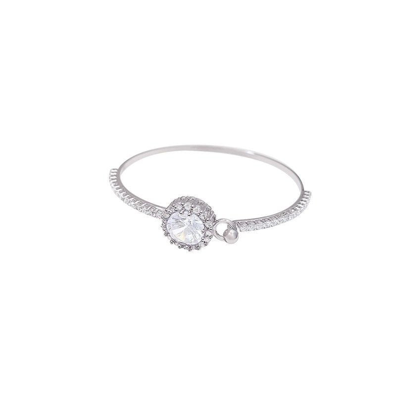 Round Halo Sparkling Zircon Open Cuff Bangle, Paved Crystal Adjustable Silver Bracelet