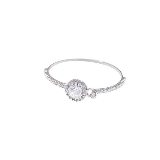 Round Halo Sparkling Zircon Open Cuff Bangle, Paved Crystal Adjustable Silver Bracelet