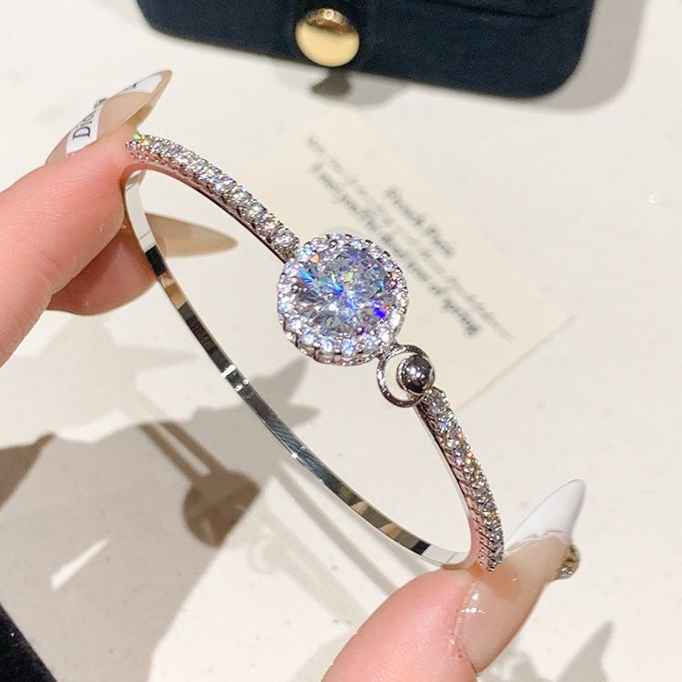 Round Halo Sparkling Zircon Open Cuff Bangle, Paved Crystal Adjustable Silver Bracelet