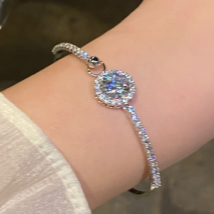 Round Halo Sparkling Zircon Open Cuff Bangle, Paved Crystal Adjustable Silver Bracelet