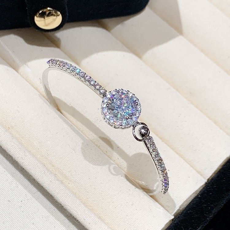 Round Halo Sparkling Zircon Open Cuff Bangle, Paved Crystal Adjustable Silver Bracelet