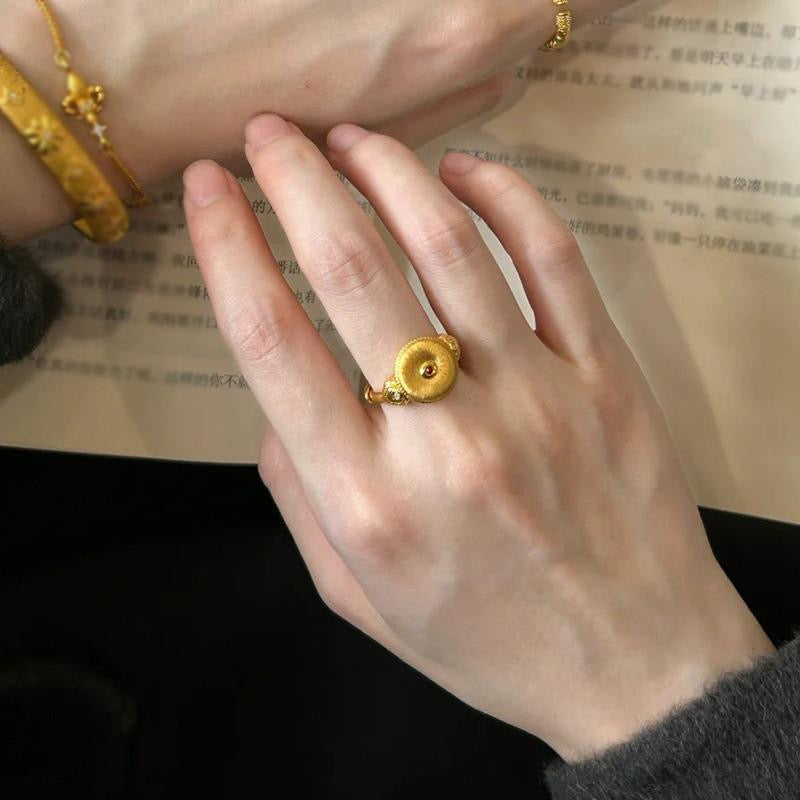 Vintage Floral Round Disk Ring With Ruby & Zircon Accents, 18K Gold Plated Ring