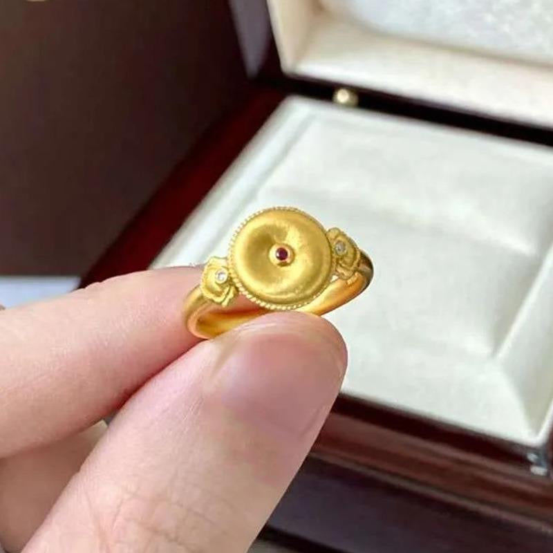 Vintage Floral Round Disk Ring With Ruby & Zircon Accents, 18K Gold Plated Ring