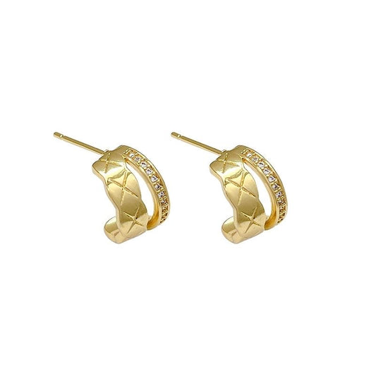 Quilted Texture Zircon Double Hoop Earrings, 18K Gold Plated S925 Silver Stud Earrings