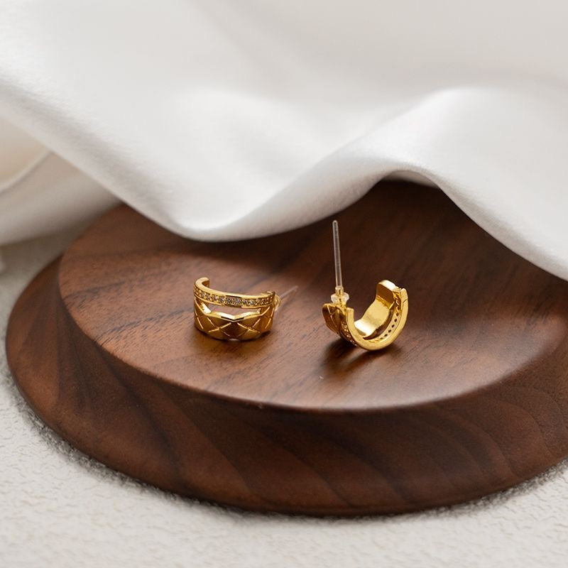 Quilted Texture Zircon Double Hoop Earrings, 18K Gold Plated S925 Silver Stud Earrings
