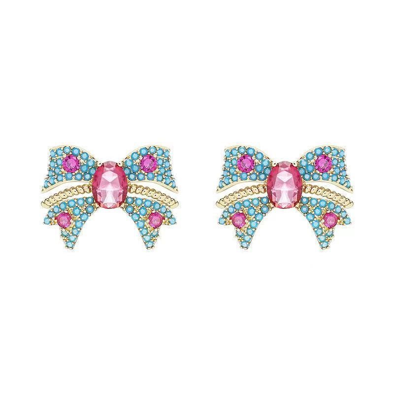 Vintage Bow Turquoise & Fuchsia Zircon Stud Earrings, S925 Silver Posts