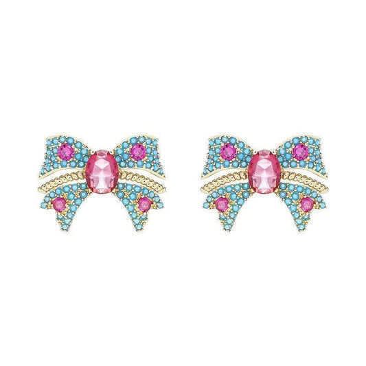Vintage Bow Turquoise & Fuchsia Zircon Stud Earrings, S925 Silver Posts