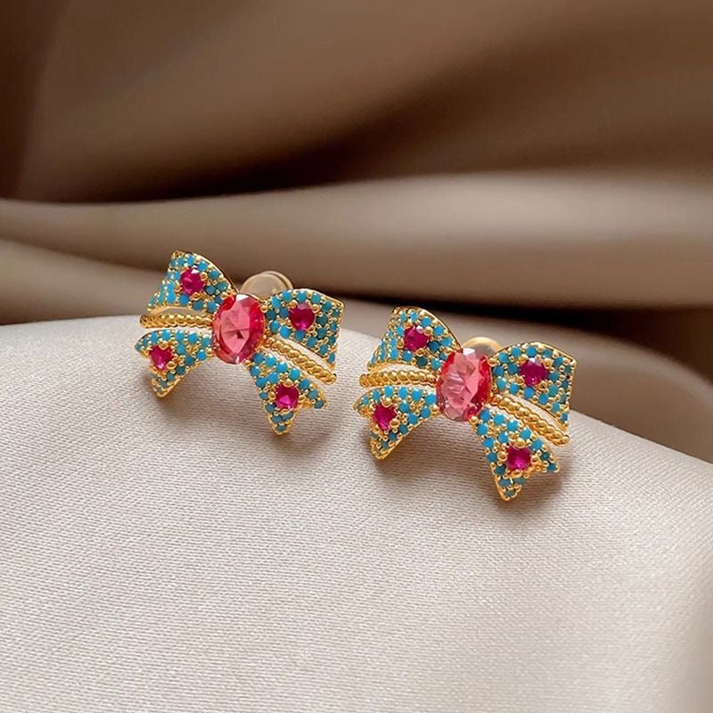 Vintage Bow Turquoise & Fuchsia Zircon Stud Earrings, S925 Silver Posts
