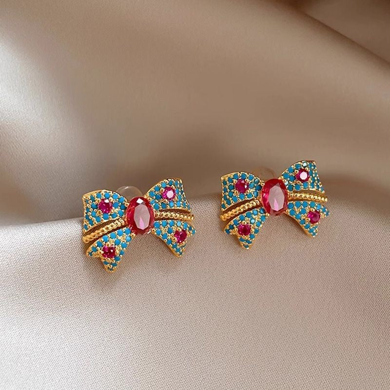 Vintage Bow Turquoise & Fuchsia Zircon Stud Earrings, S925 Silver Posts