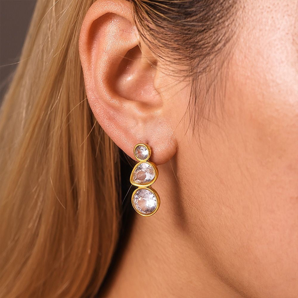 Three-Stone Bezel Set Zircon Drop Stud Earrings, 18K Gold Plated Earrings