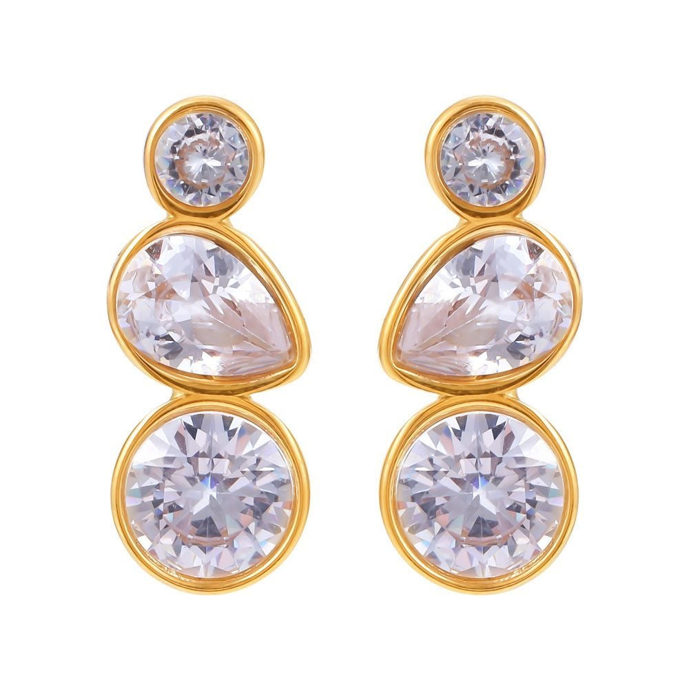 Three-Stone Bezel Set Zircon Drop Stud Earrings, 18K Gold Plated Earrings