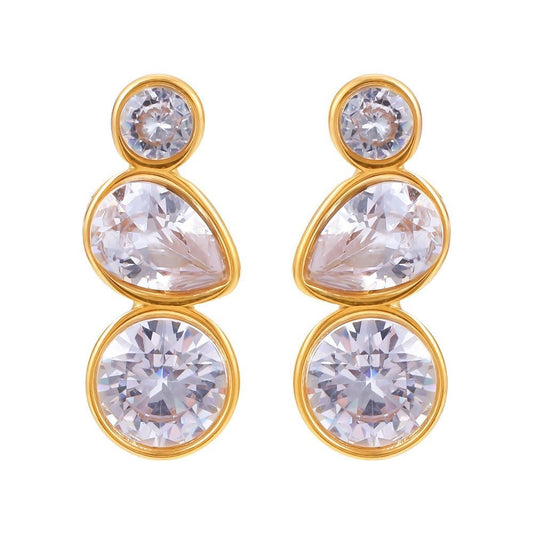 Three-Stone Bezel Set Zircon Drop Stud Earrings, 18K Gold Plated Earrings