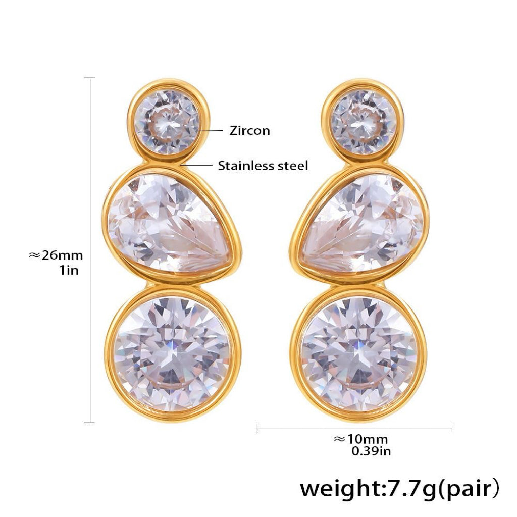 Three-Stone Bezel Set Zircon Drop Stud Earrings, 18K Gold Plated Earrings