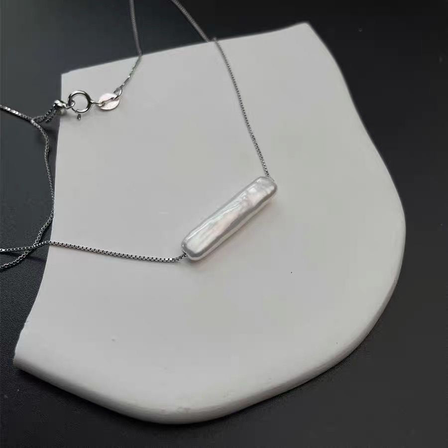 Baroque Pearl Horizontal Bar Necklace, Minimalist Silver Chain Freshwater Pearl Necklace for Women