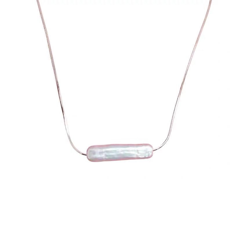 Baroque Pearl Horizontal Bar Necklace, Minimalist Silver Chain Freshwater Pearl Necklace for Women