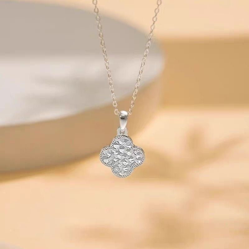 Hammered Texture Four Leaf Clover Necklace | Stainless Steel Lucky Clover Pendant Necklace for Women, Silver Waterproof Hypoallergenic Jewelry