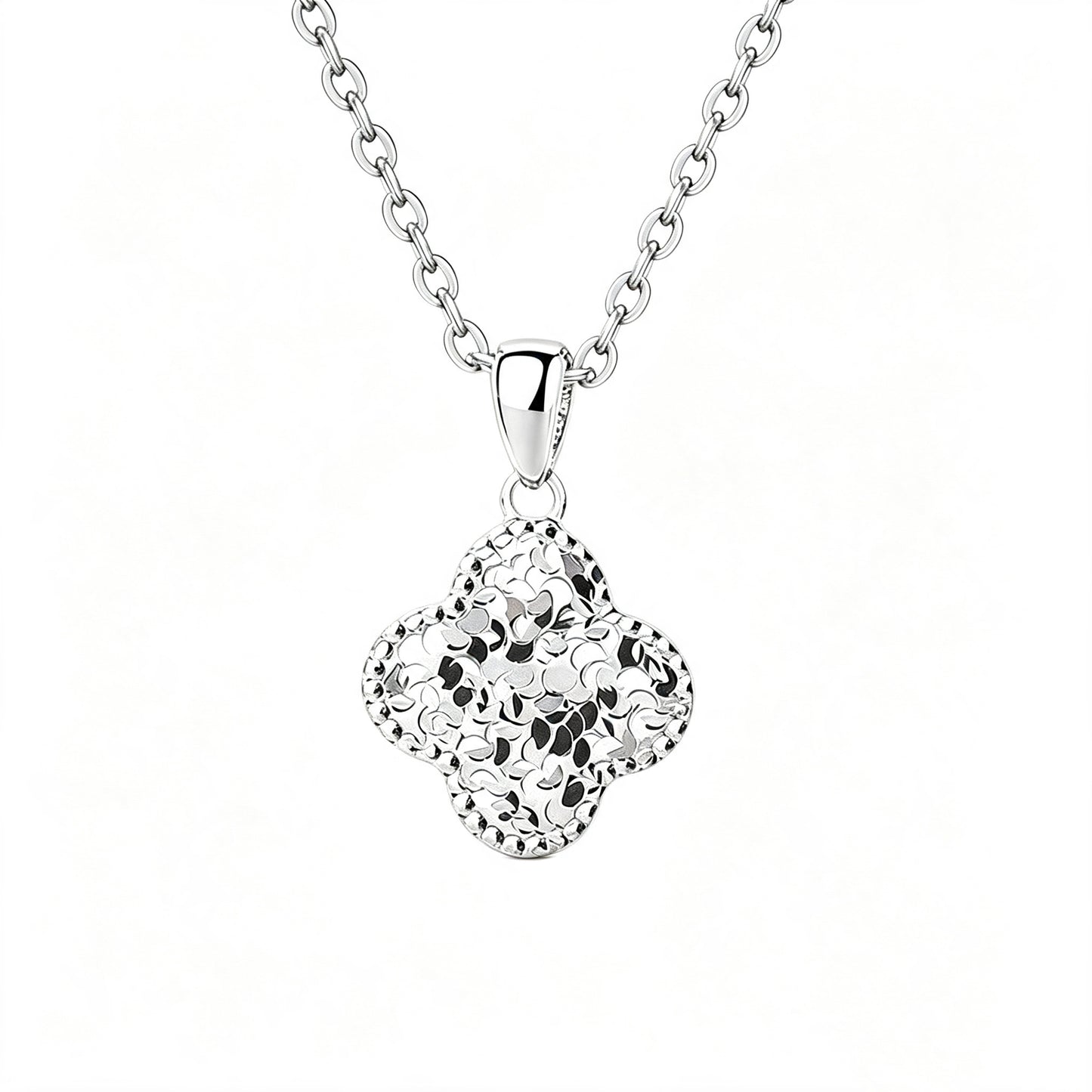 Hammered Texture Four Leaf Clover Necklace | Stainless Steel Lucky Clover Pendant Necklace for Women, Silver Waterproof Hypoallergenic Jewelry