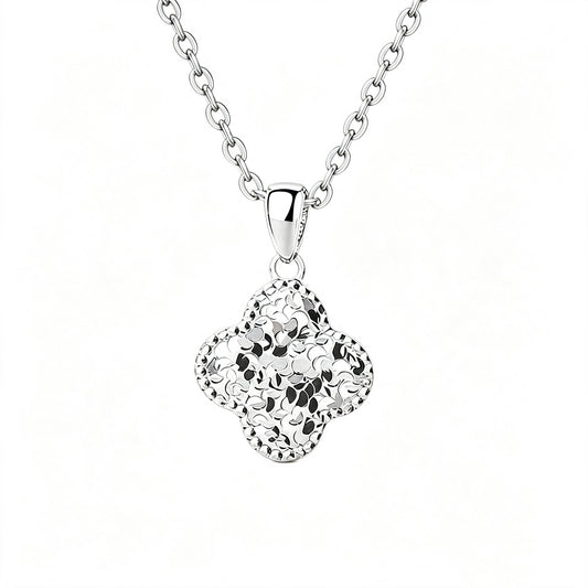 Hammered Texture Four Leaf Clover Necklace | Stainless Steel Lucky Clover Pendant Necklace for Women, Silver Waterproof Hypoallergenic Jewelry