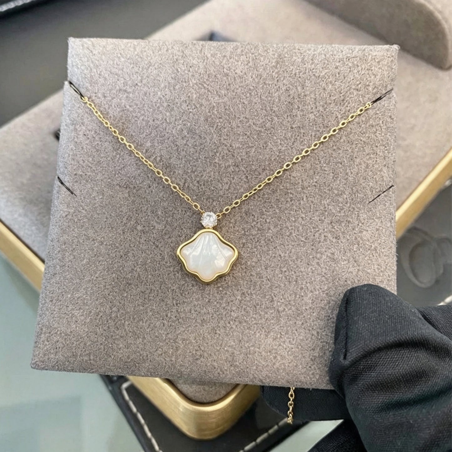 18K Gold Plated Shell Mother of Pearl Necklace, Dainty Cubic Zirconia Pendant Stainless Steel Necklace for Women