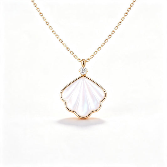 18K Gold Plated Shell Mother of Pearl Necklace, Dainty Cubic Zirconia Pendant Stainless Steel Necklace for Women