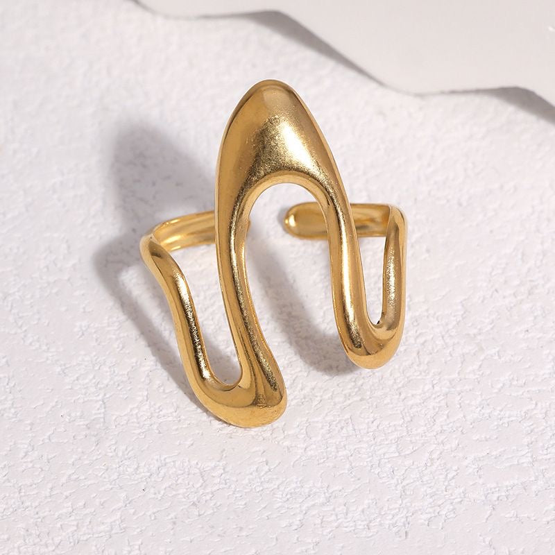Abstract Wave Open Ring, Stainless Steel Fluid Curved Sculptural Statement Adjustable Ring