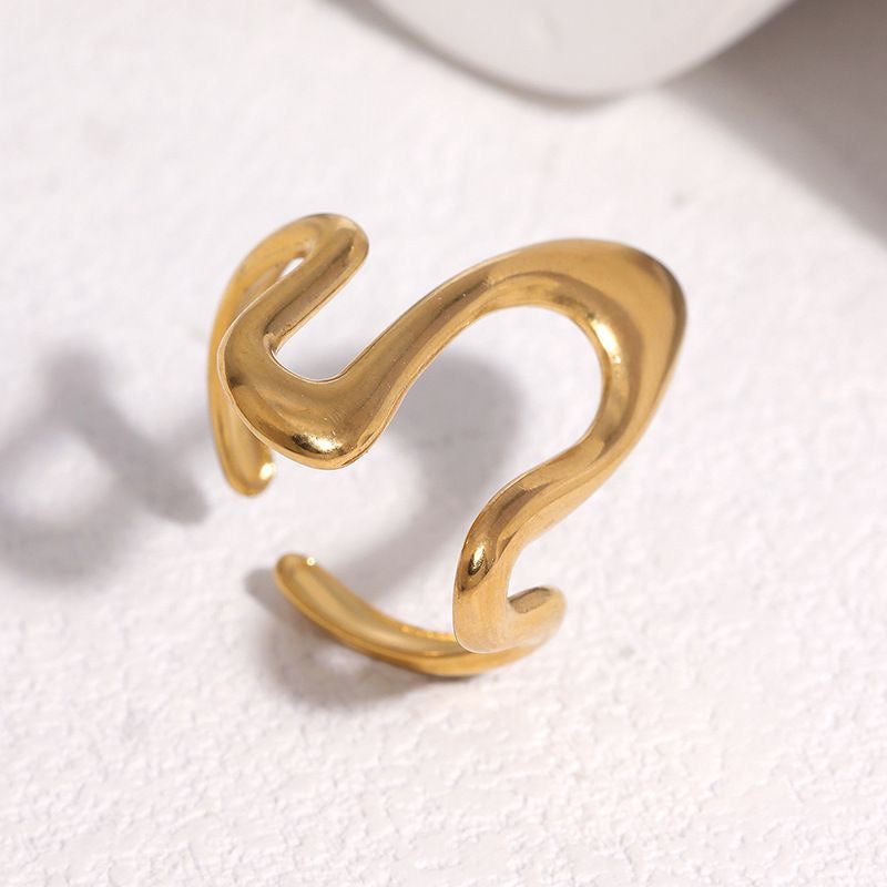 Abstract Wave Open Ring, Stainless Steel Fluid Curved Sculptural Statement Adjustable Ring