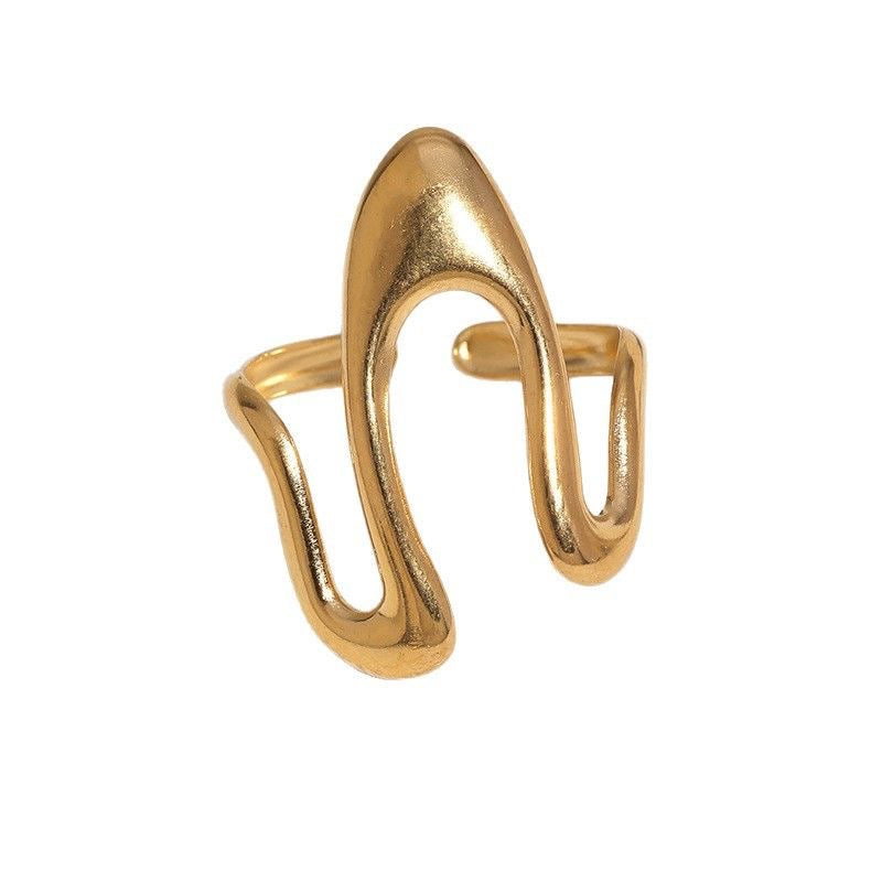 Abstract Wave Open Ring, Stainless Steel Fluid Curved Sculptural Statement Adjustable Ring