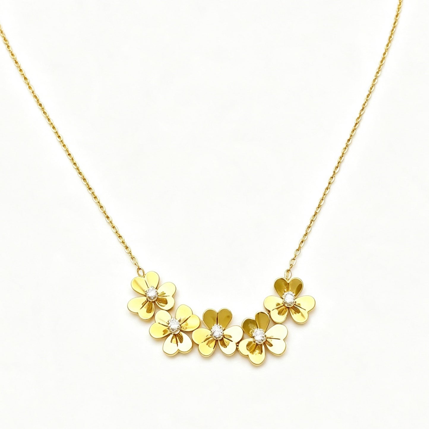 Floral Clover Zircon Necklace, 18K Gold Plated