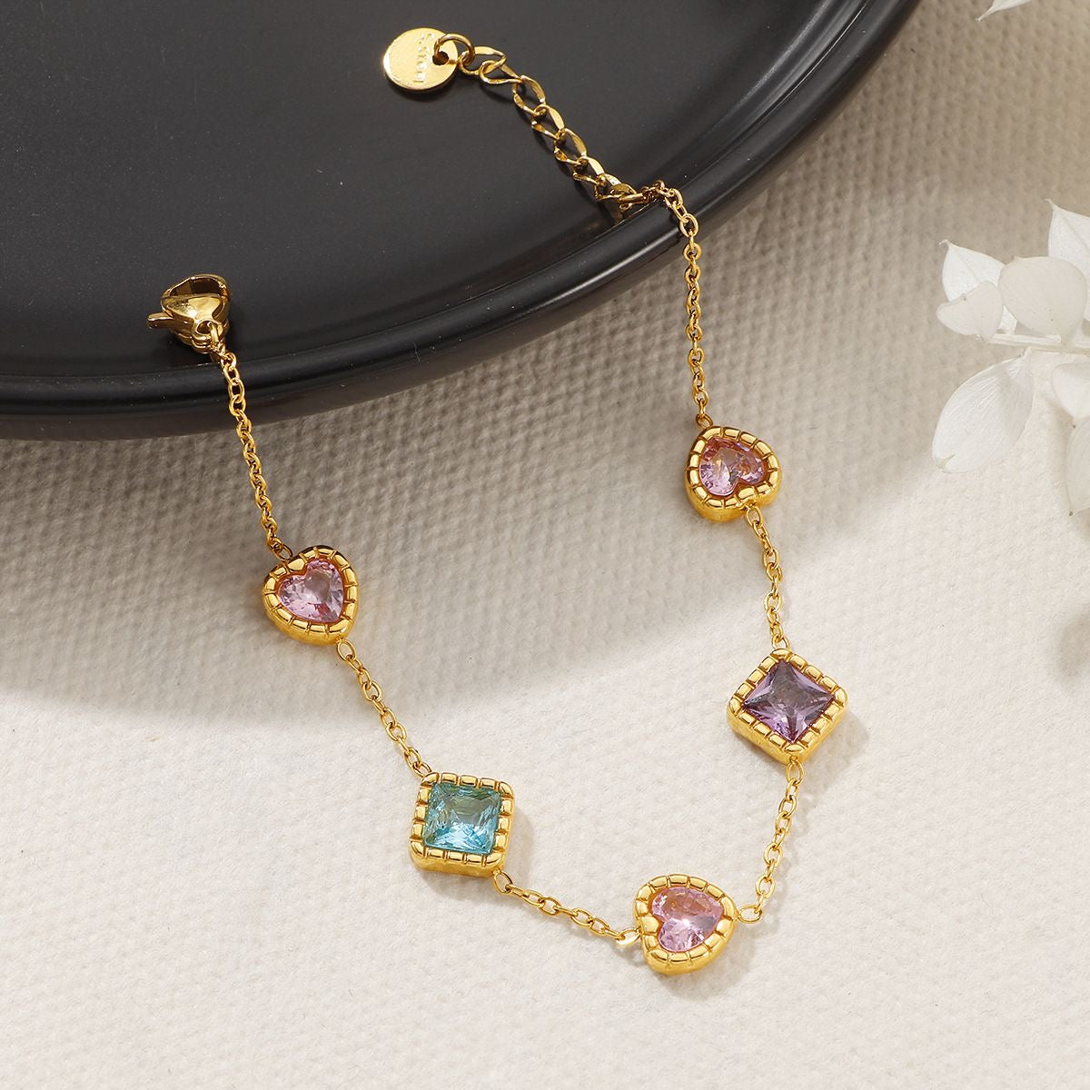 Heart & Square Multicolor Zircon Bracelet, Stainless Steel Bracelet for Women